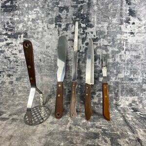 Vtg EKCO Oneida USA 5 Pc Kitchen Utensil Lot Wood Handle Stainless Steel  f